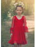 Long Sleeve Red Lace Knee Length Flower Girl Dress